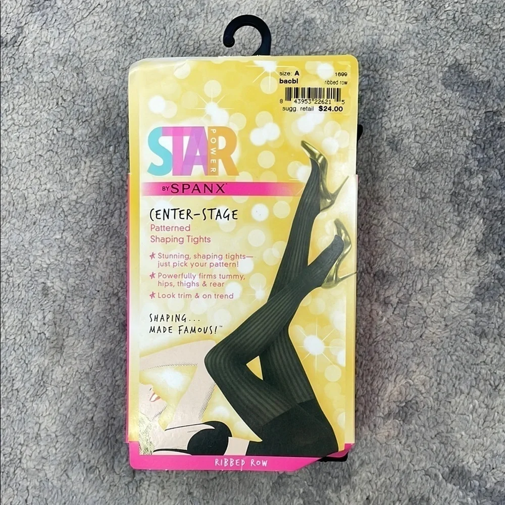SPANX Star Power Black Center Stage Ribbed Row Patterned Shaping Tights Sz A